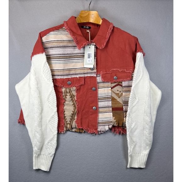 NWT Miss Me Brick‎ Red Patchwork Knit Sleeve Cropped Denim Shacket Womens Size M - Picture 3 of 14